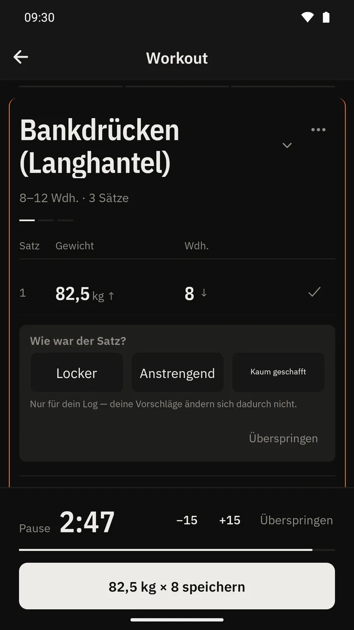 Nach dem Satz fragt IronTally: Wie war der Satz? Zur Auswahl stehen Locker, Anstrengend und Kaum geschafft.
